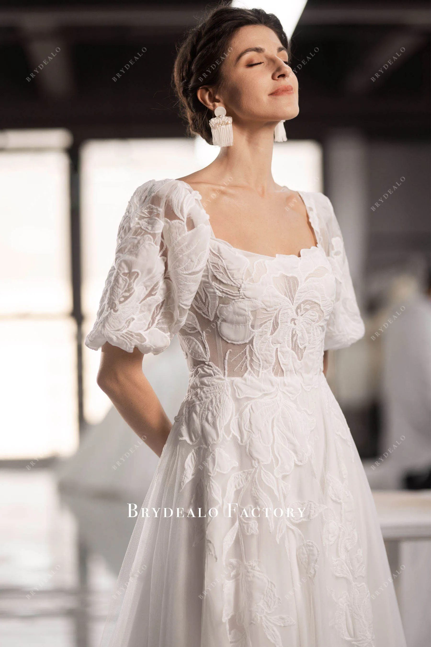 Designer Lace Half Sleeve Square Neck Destination Wedding Dress