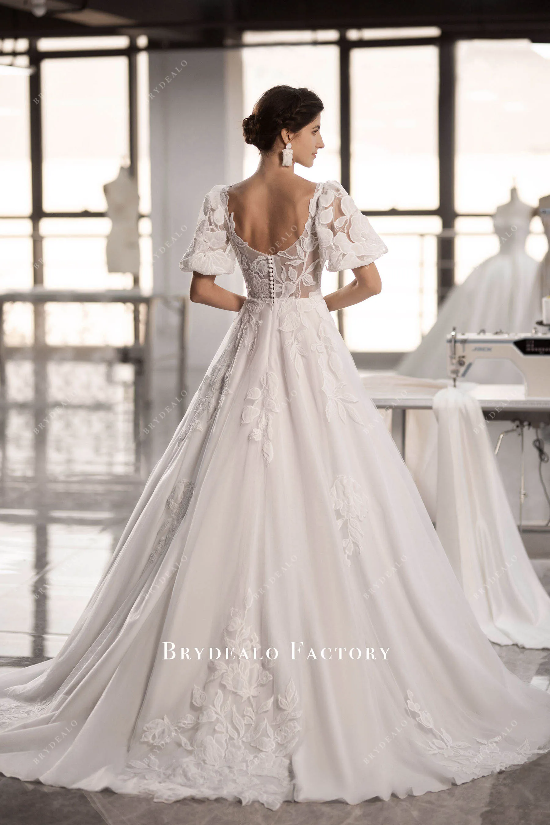 Designer Lace Half Sleeve Square Neck Destination Wedding Dress