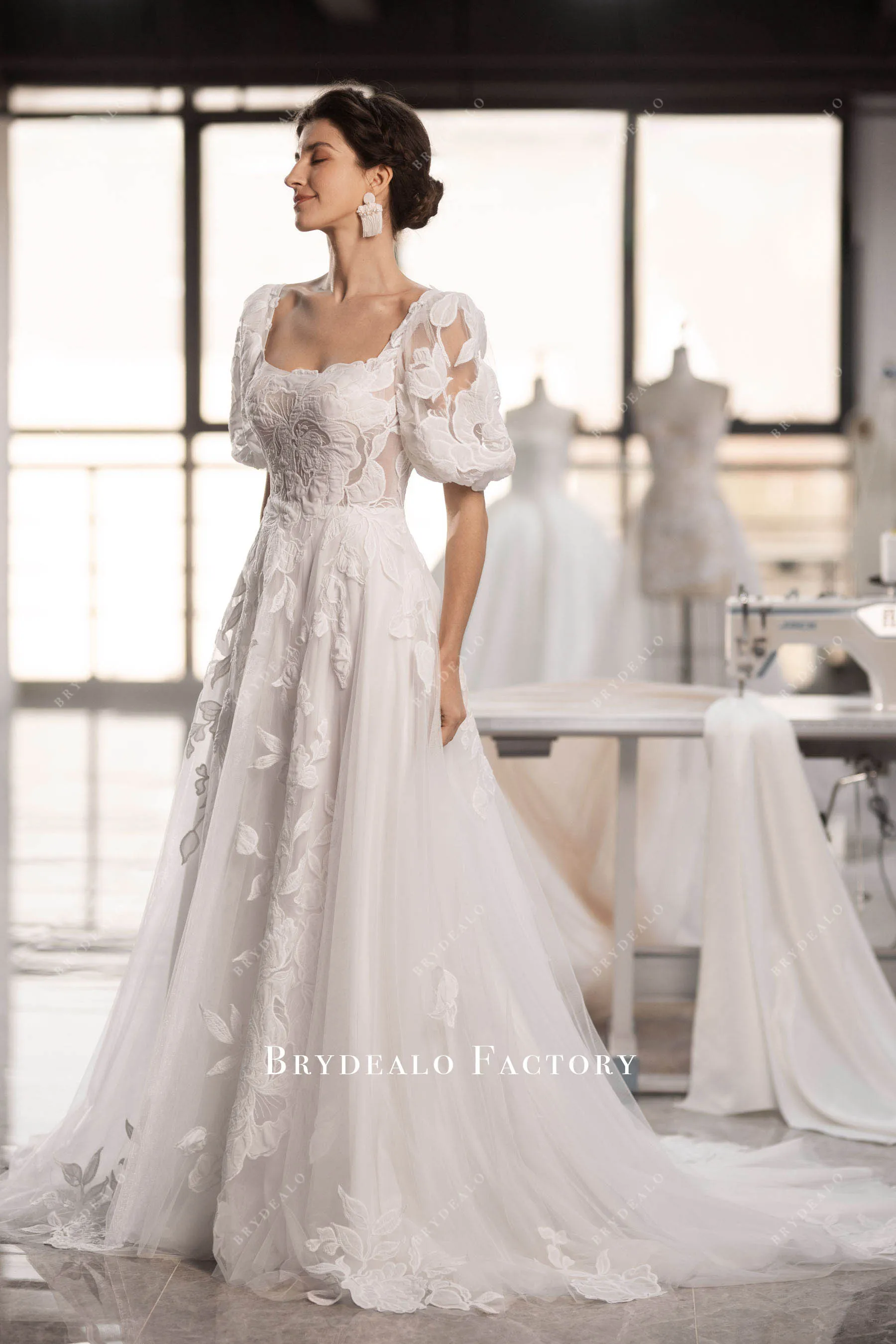 Designer Lace Half Sleeve Square Neck Destination Wedding Dress