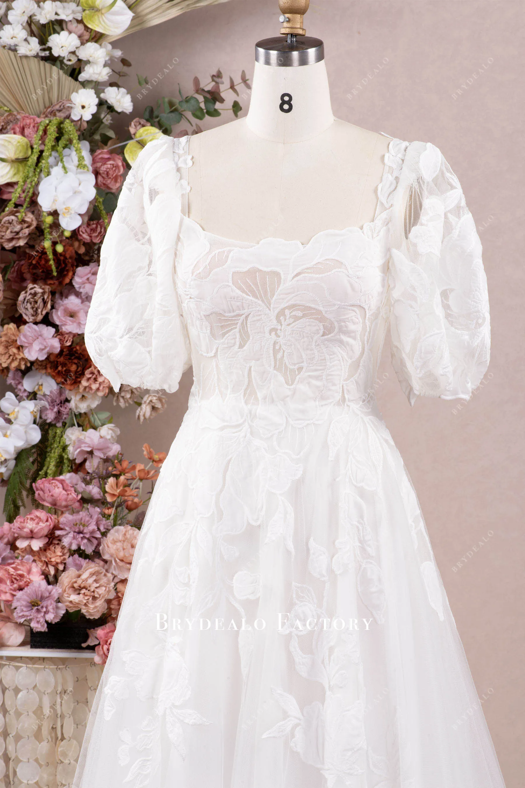 Designer Lace Half Sleeve Square Neck Destination Wedding Dress