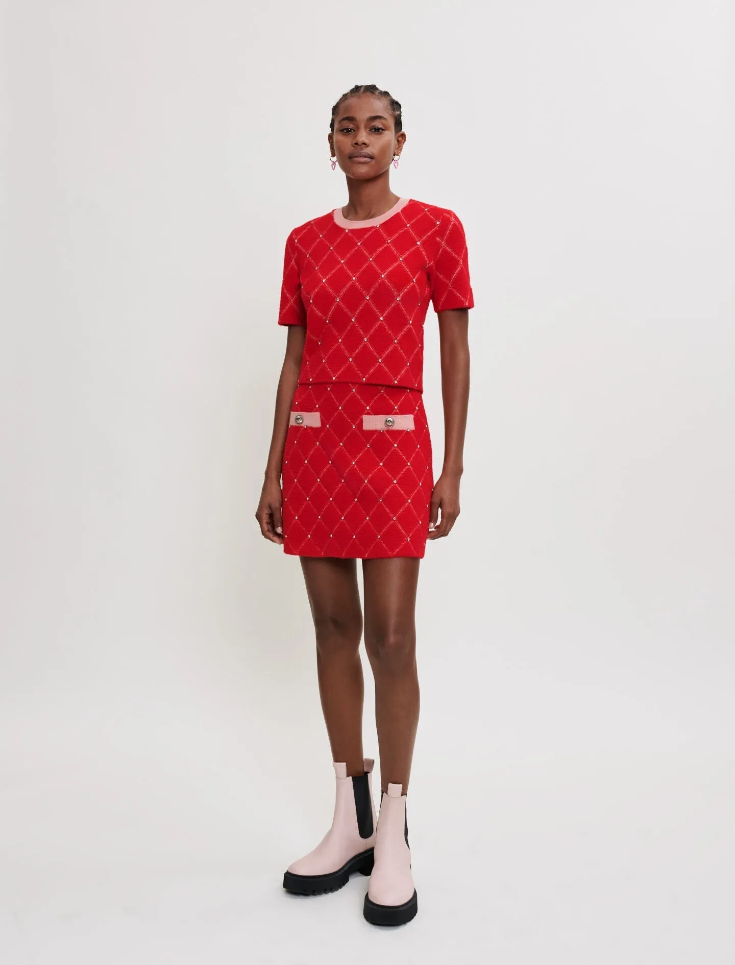 DIAMOND PATTERN RHINESTONE KNIT SWEATER