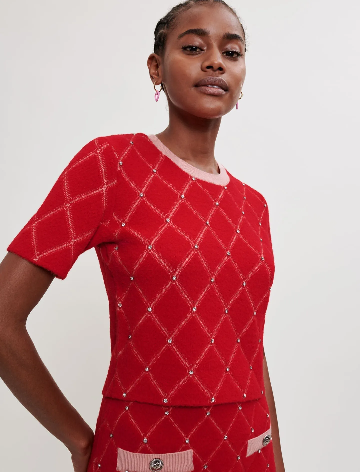 DIAMOND PATTERN RHINESTONE KNIT SWEATER