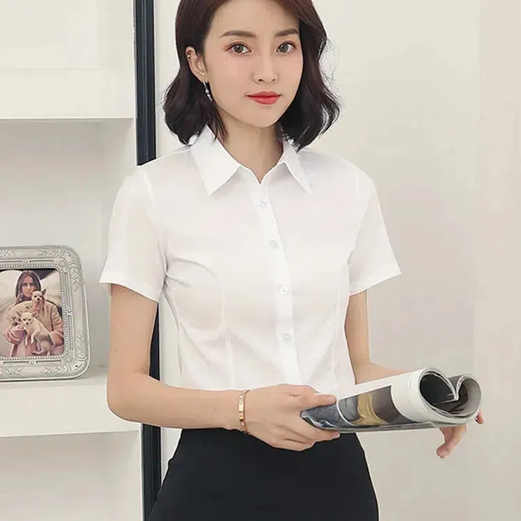 Fashion Woman Blouses V-neck Short Sleeve Solid Work Tops