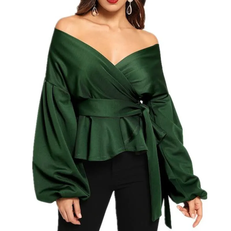 Fashionkova  Sexy V Neck Lantern Sleeves Women Blouses White Tops Solid Ruffles Bow Knot Lace Up Casual Shirts 2022 Black Lady Blouse