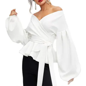 Fashionkova  Sexy V Neck Lantern Sleeves Women Blouses White Tops Solid Ruffles Bow Knot Lace Up Casual Shirts 2022 Black Lady Blouse