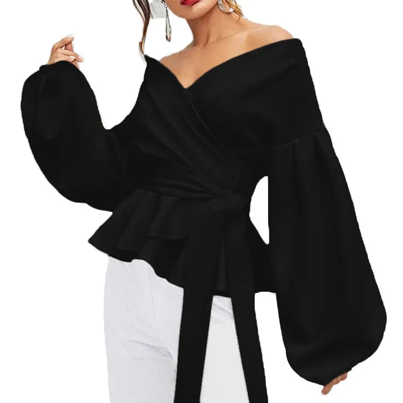Fashionkova  Sexy V Neck Lantern Sleeves Women Blouses White Tops Solid Ruffles Bow Knot Lace Up Casual Shirts 2022 Black Lady Blouse