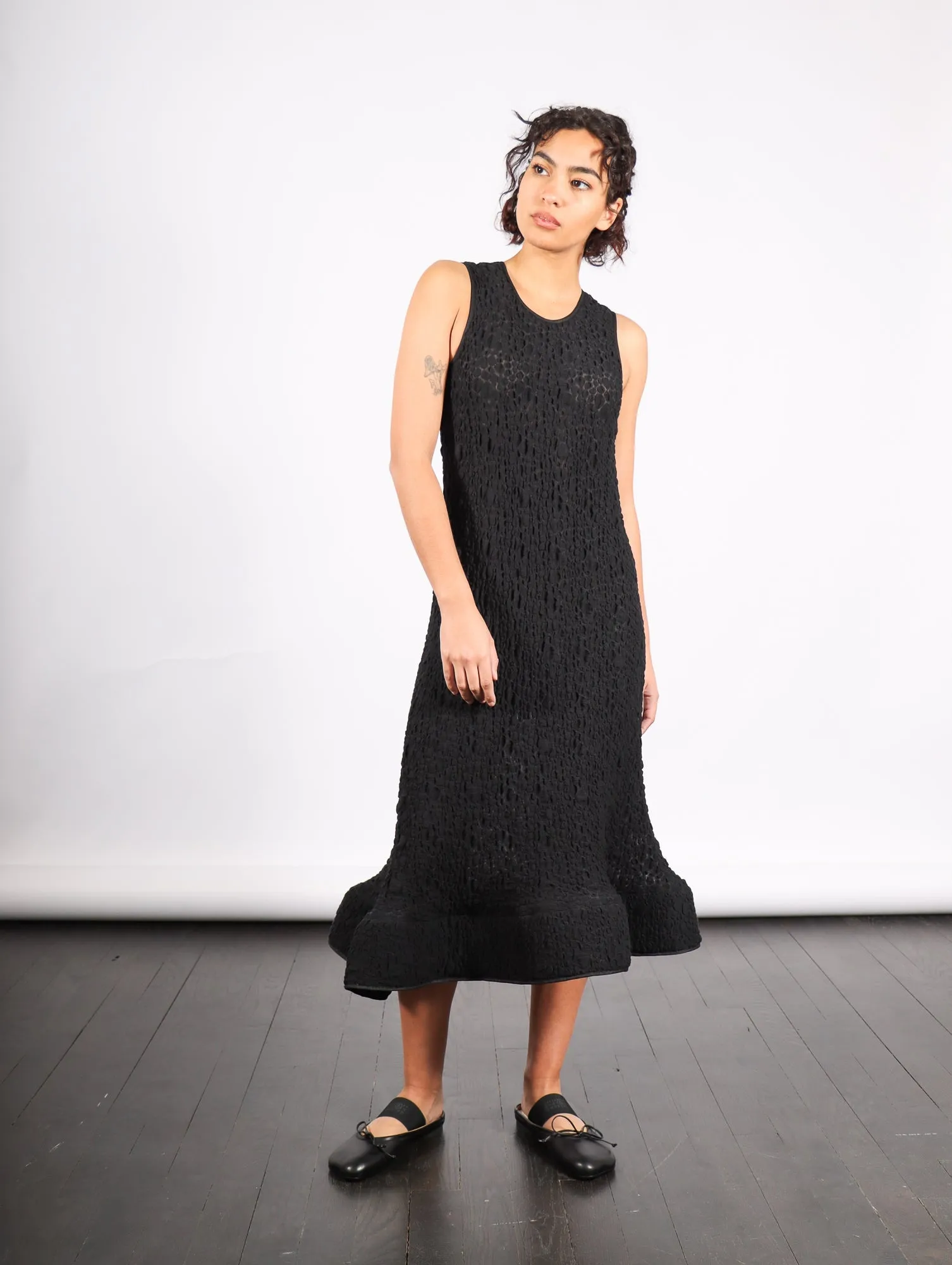 Foam Ruffle Dress in Black Bubble Jersey by Melitta Baumeister
