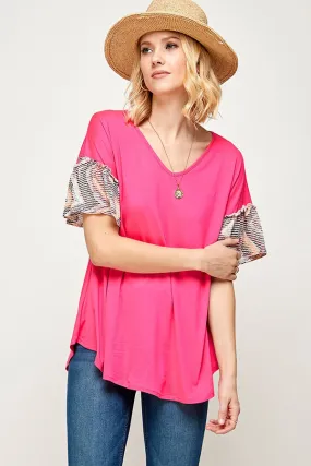 FUCHSIA V-NECK ROUND BOTTOM CHEVRON PRINT RUFFLE SLEEVE TOP