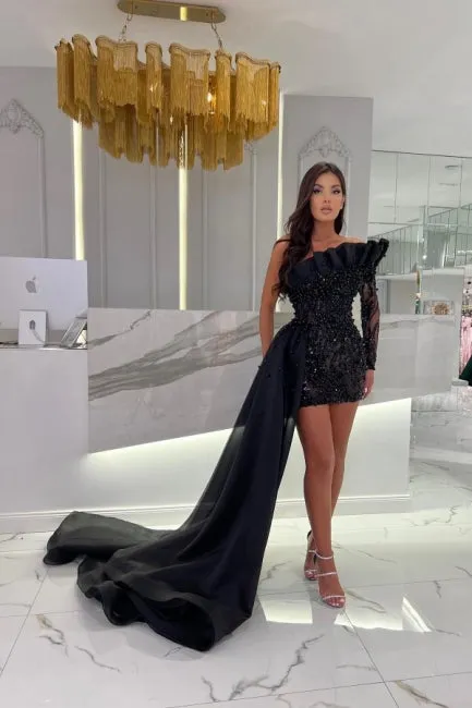 Glamorous long sleeve strapless column hardnet Evening Dress with ruffles