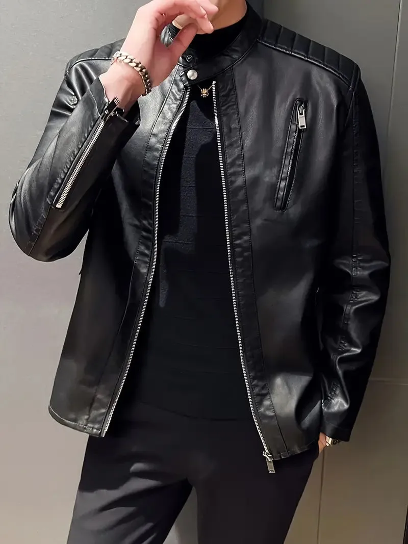 Heren slim fit winterjas - Beige bikerjack van imitatieleer