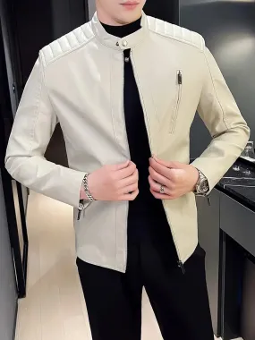 Heren slim fit winterjas - Beige bikerjack van imitatieleer