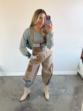 Khaki Patchwork Balloon Leg Overalls