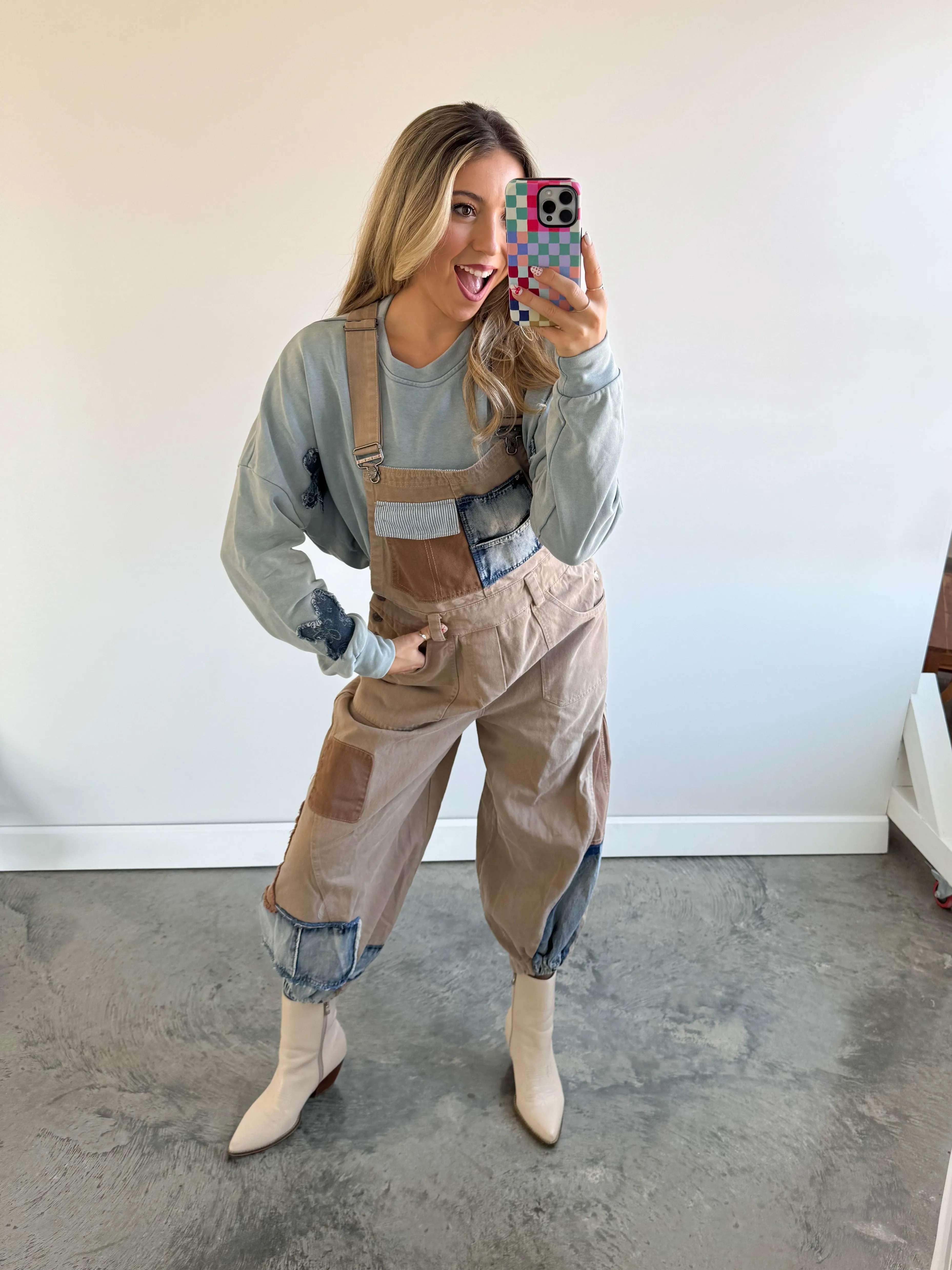 Khaki Patchwork Balloon Leg Overalls