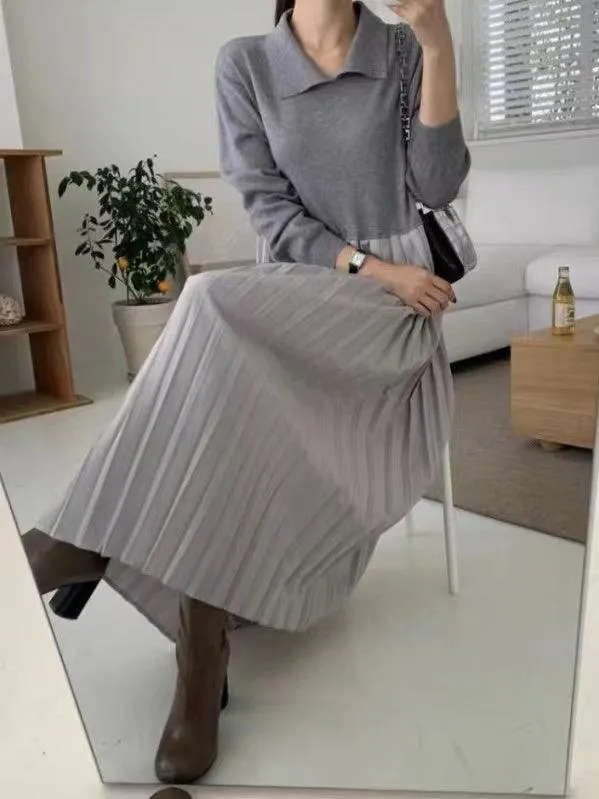 Knit Pleated Split-joint Long Dresses
