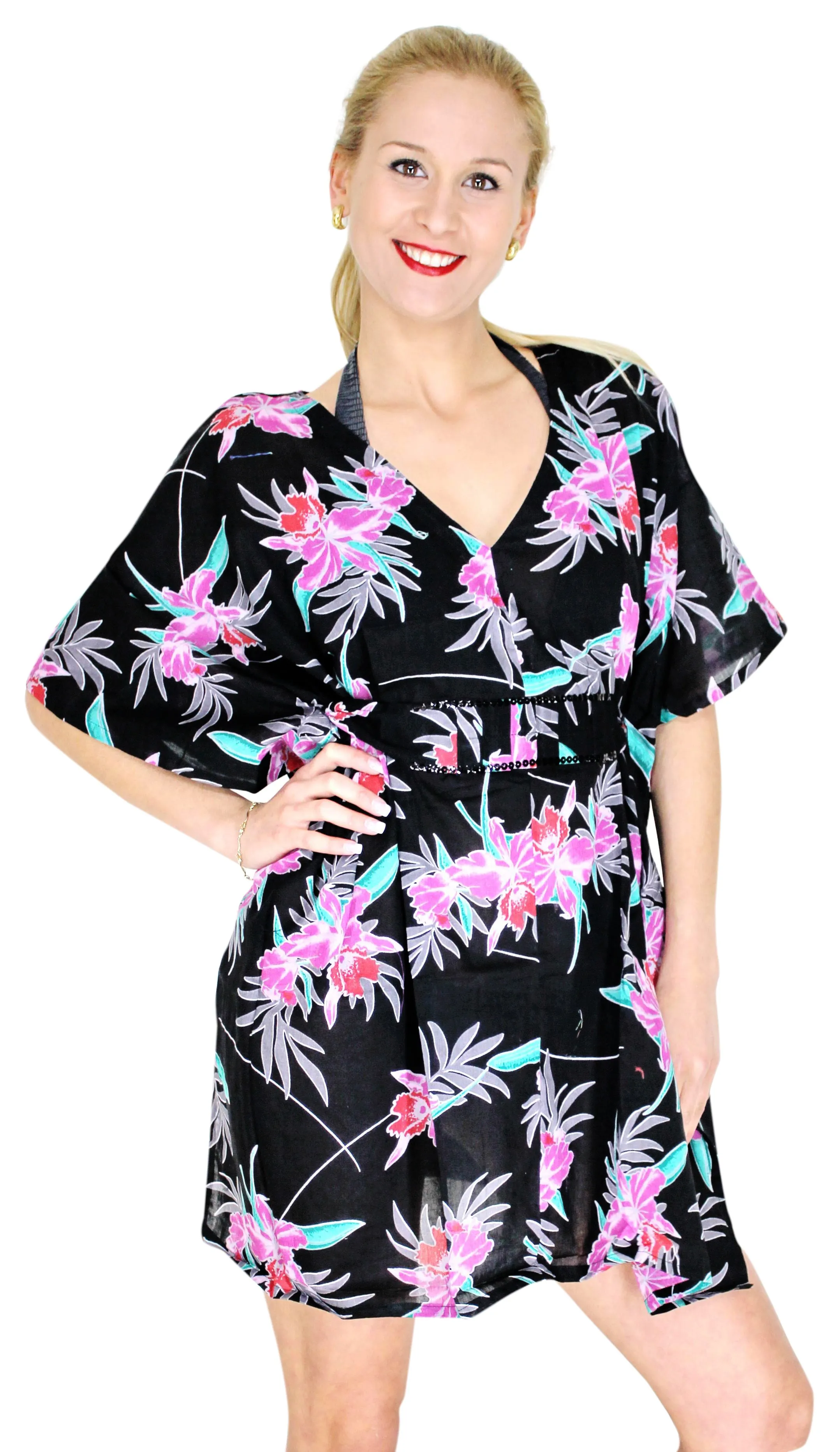 LA LEELA Women Summer T  Dresses Beach Cover up Printed Tank Dress US 10-14 Black_E837
