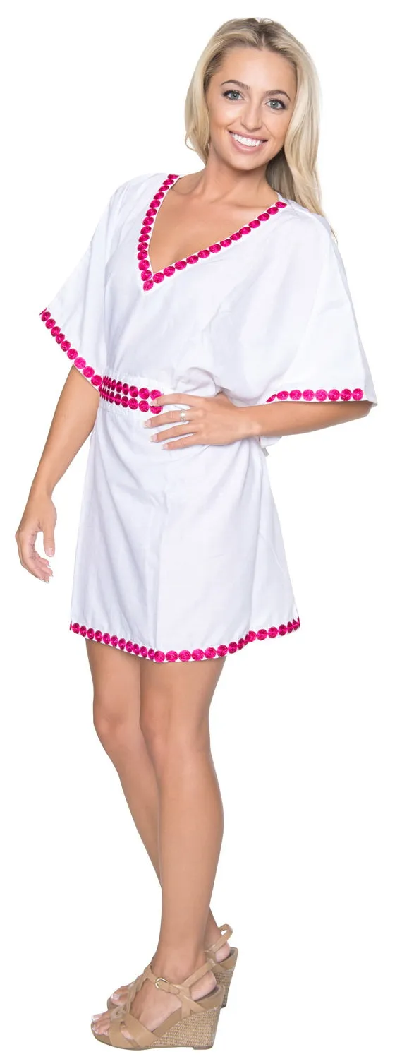LA LEELA Women T Dresses V Neck Kimono Sleeve Beach Tank Dress for Summer US 10-14 White_T306