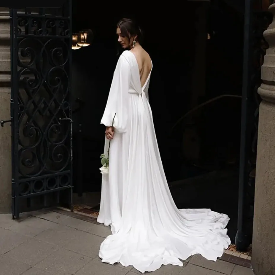 Long Puff Sleeves Boho Wedding Dress