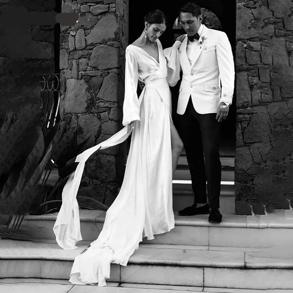 Long Puff Sleeves Boho Wedding Dress