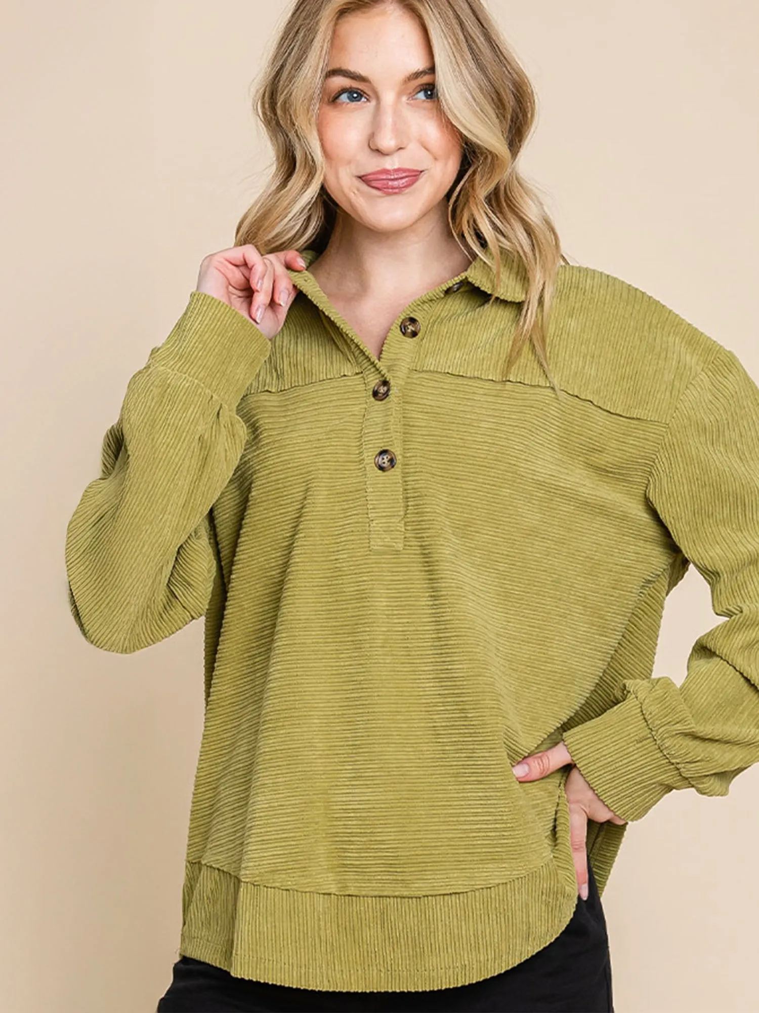 Long Sleeve Polo Ribbed Pullover Sweatshirt