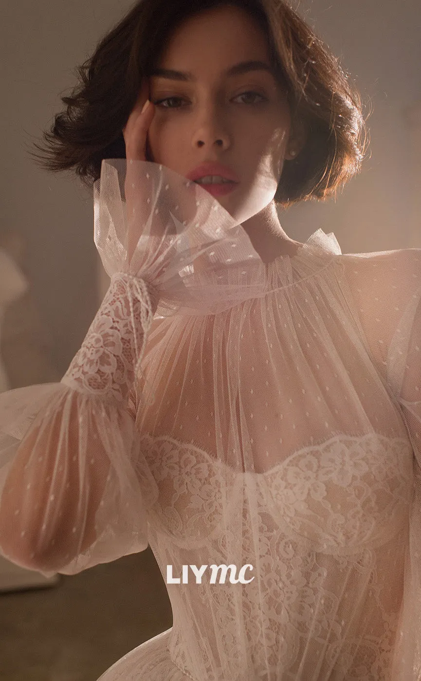 LW088 - Elegant A Line High Neck Long Sleeves Sheer Lace Tulle Long Wedding Dress