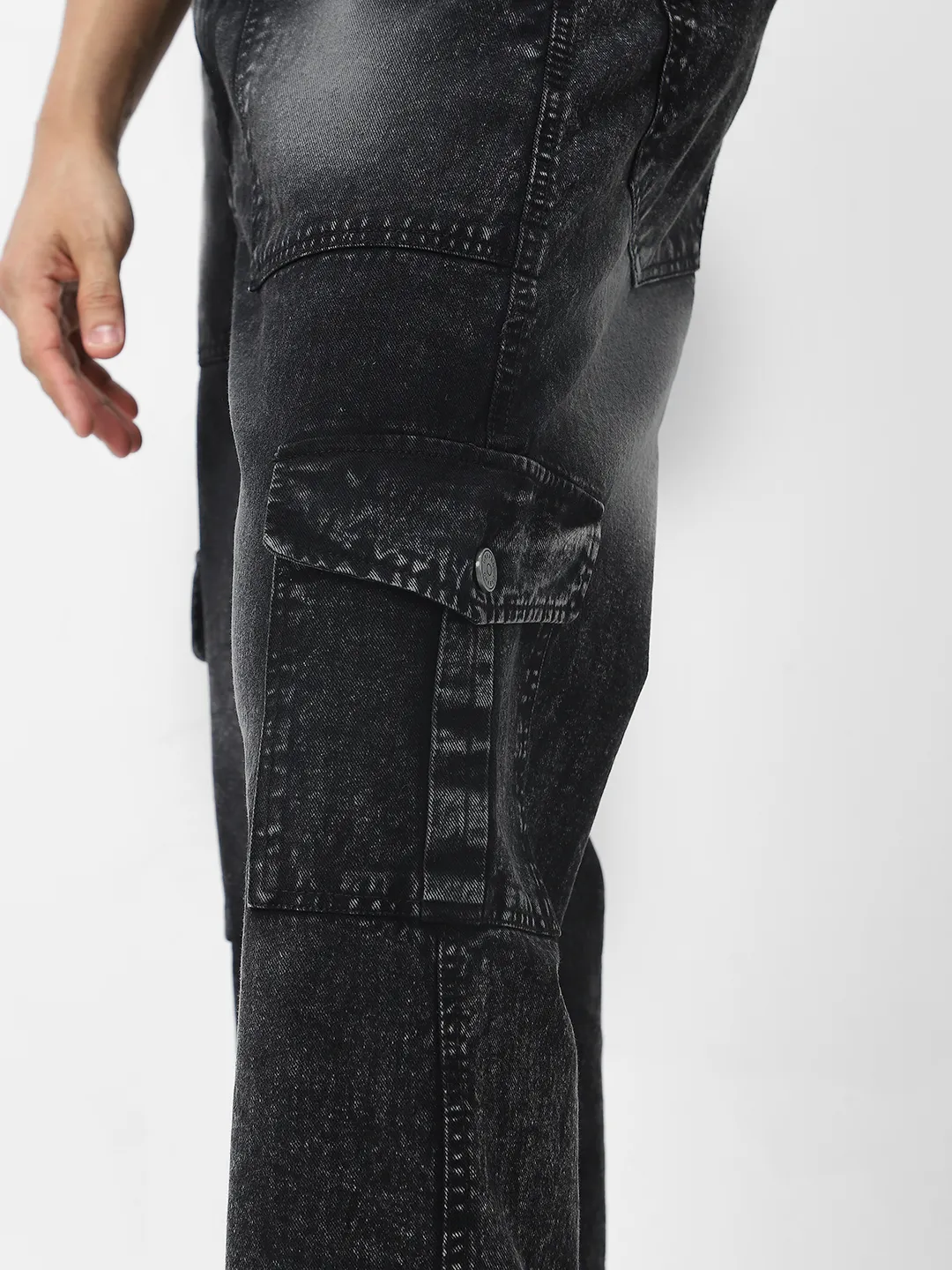 Men's Black Loose Fit Cargo Jeans With 6 Pockets Non Stretchable