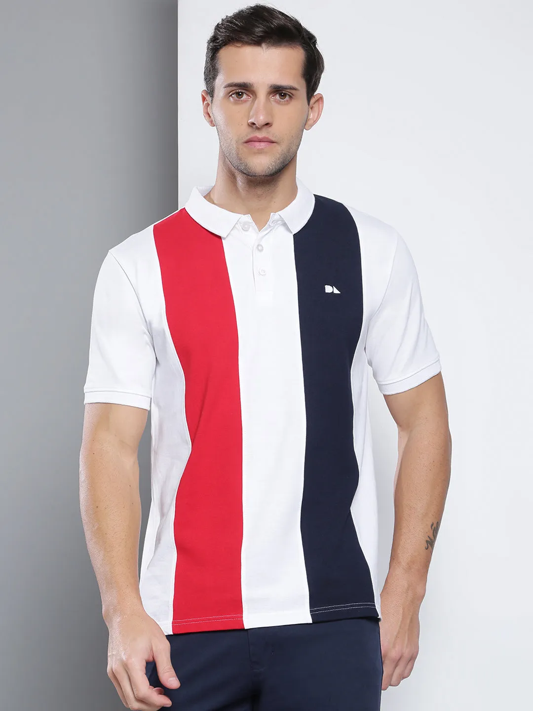 Men's Casual Slim Fit Polo Neck T-Shirt Stylish Half Sleeves Color Block Pattern Pure Cotton Polos