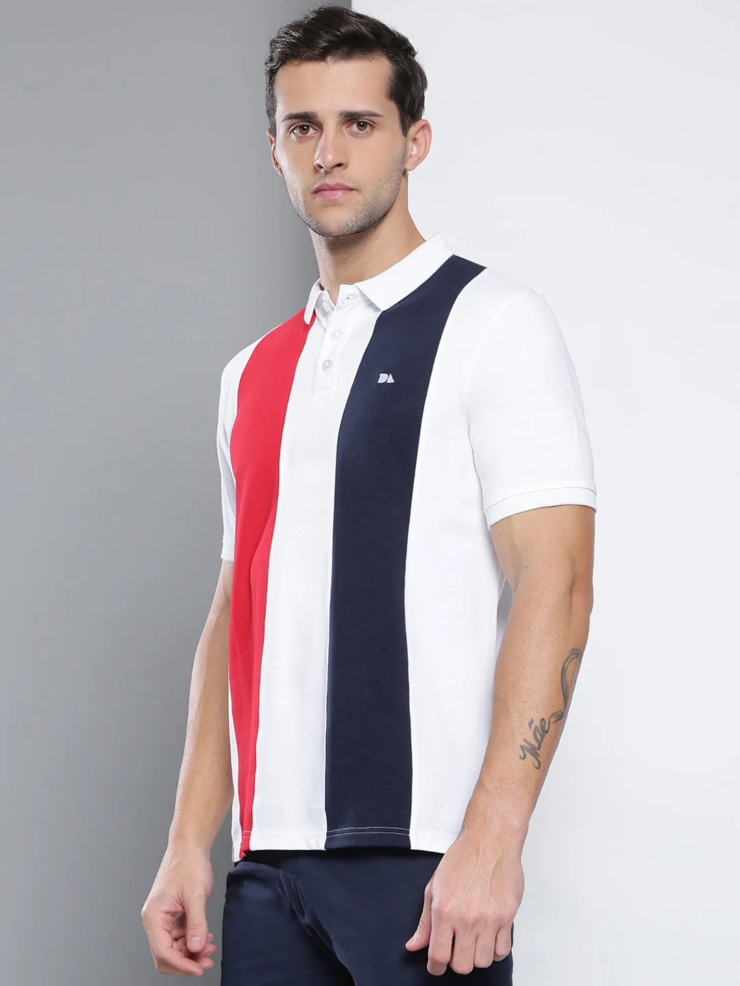Men's Casual Slim Fit Polo Neck T-Shirt Stylish Half Sleeves Color Block Pattern Pure Cotton Polos
