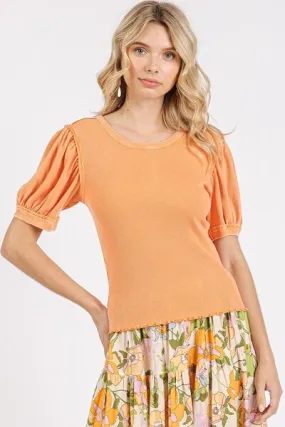 Mineral Wash Puff Sleeve Rib Knit Top