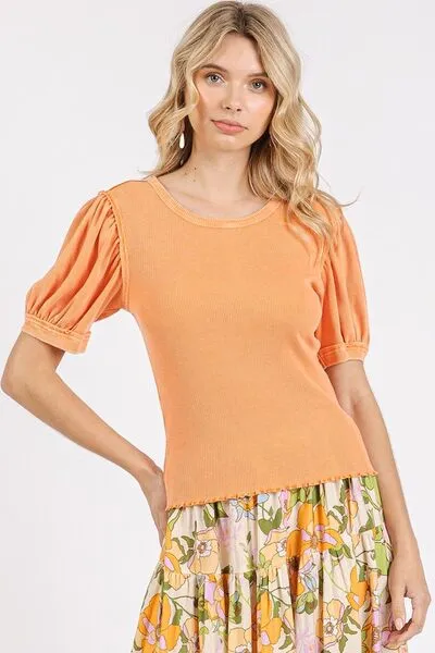 Mineral Wash Puff Sleeve Rib Knit Top