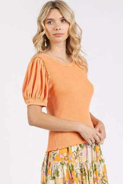 Mineral Wash Puff Sleeve Rib Knit Top