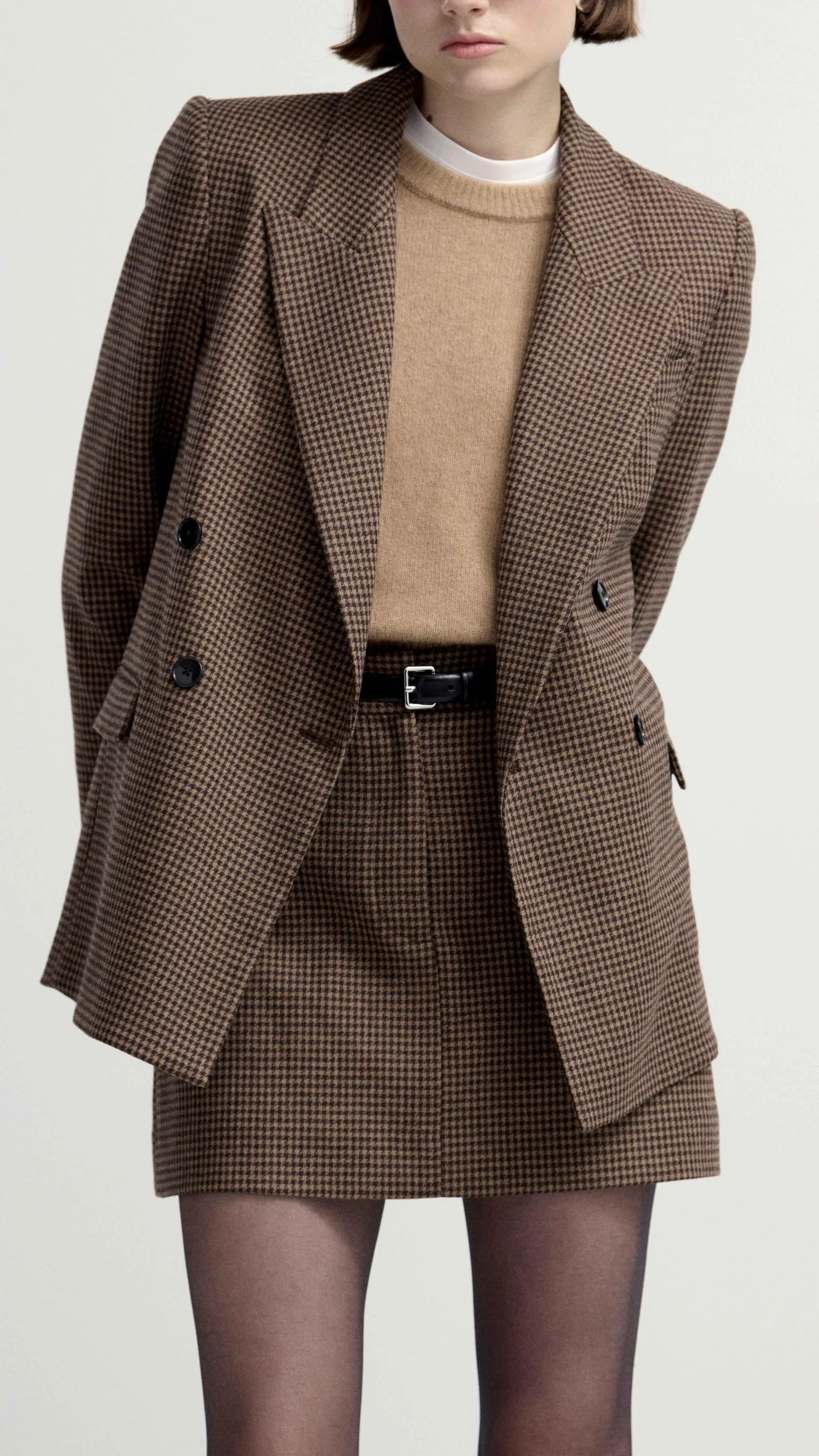 Mini Tailored Skirt in Viscose Blend | Brown/Camel Houndstooth