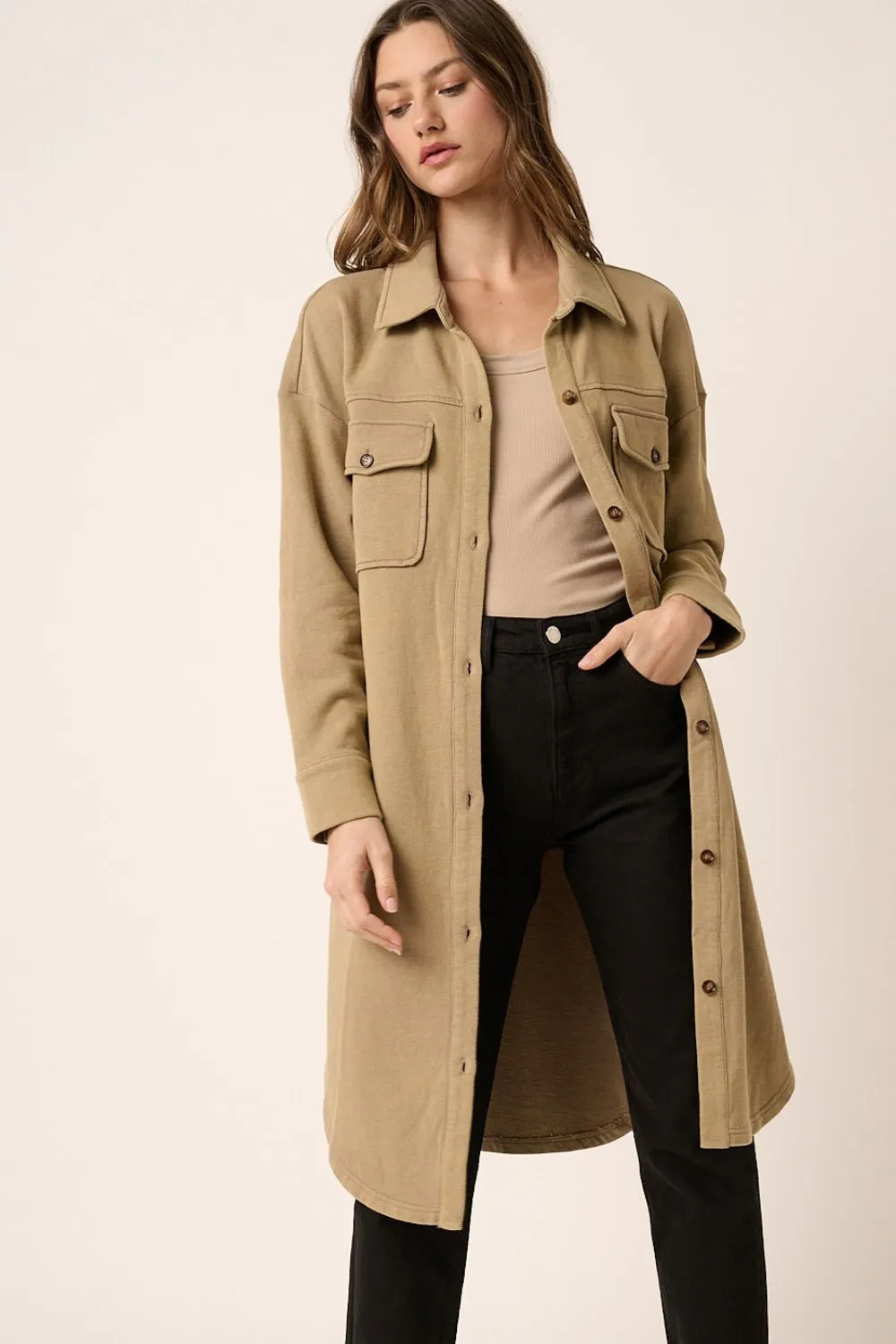 Mittoshop Taupe Acid Wash French Terry Longline Shacket