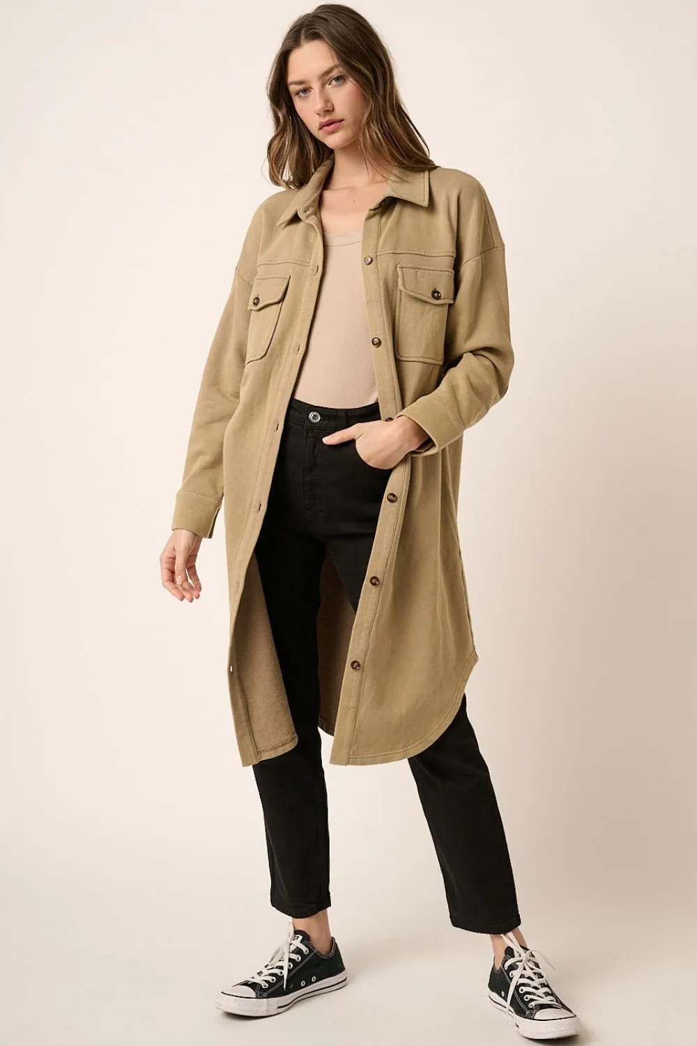 Mittoshop Taupe Acid Wash French Terry Longline Shacket
