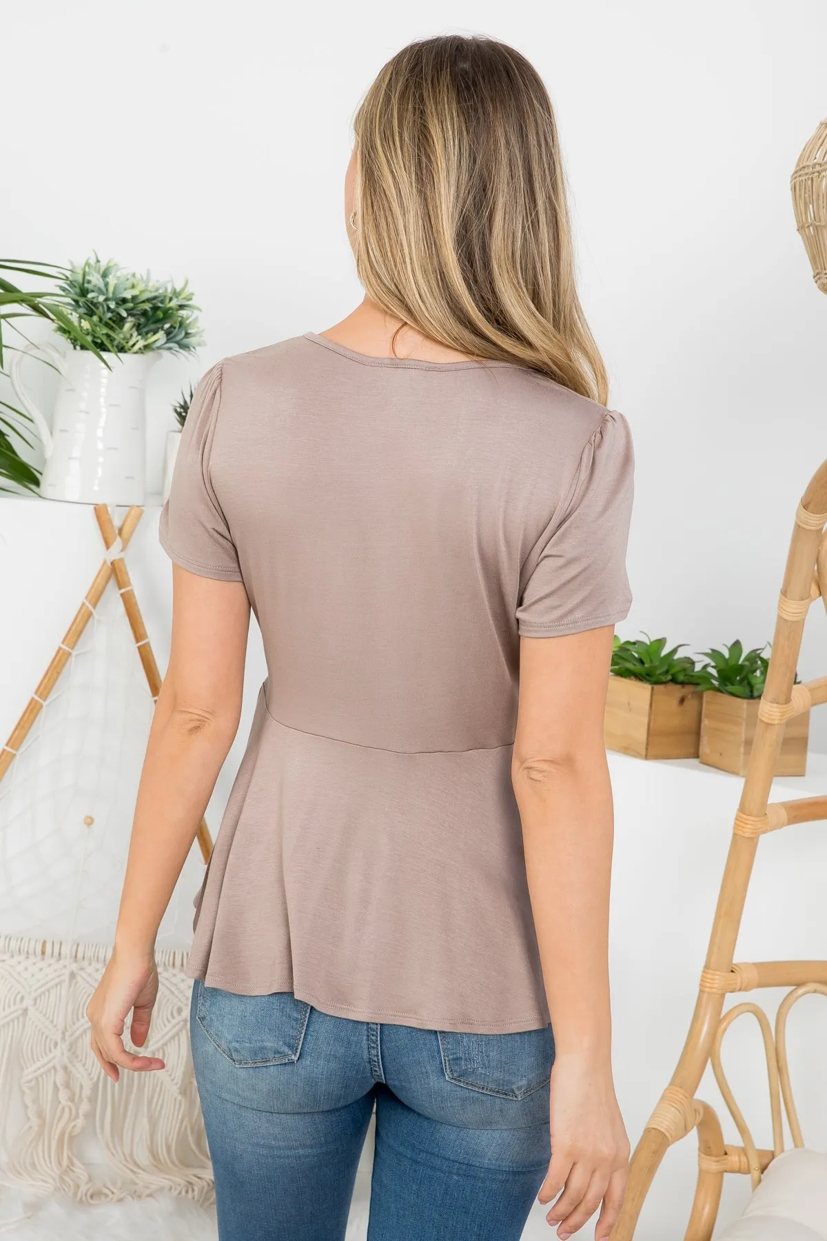 MOCHA DEEP V-NECK SURPLICE RAFFLE TOP