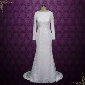 Modest Fitted A-line Lace Wedding Dress with Long Sleeves | MEENA