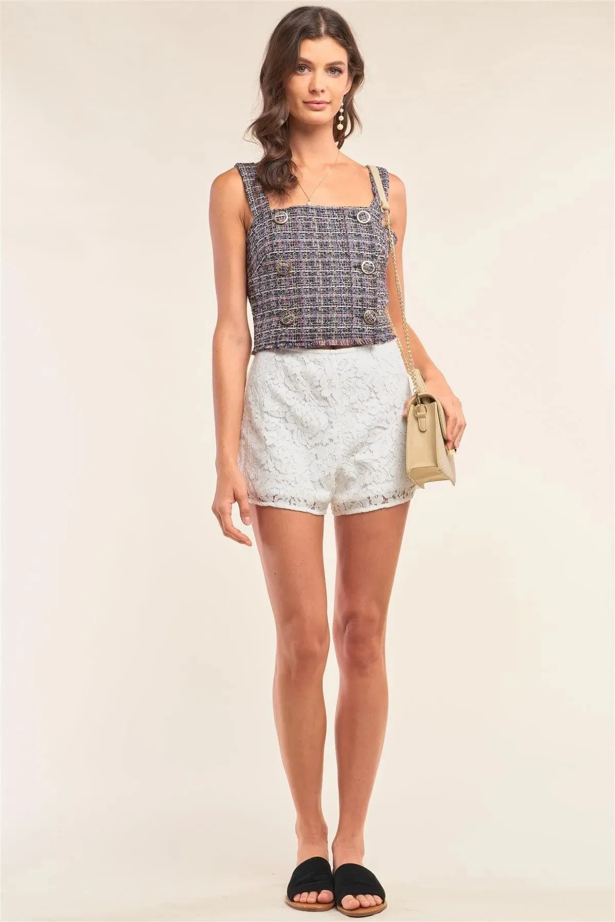 Multicolor Sleeveless Plaid Square Neck Buttoned Trim Cropped Top /1-1-2-1