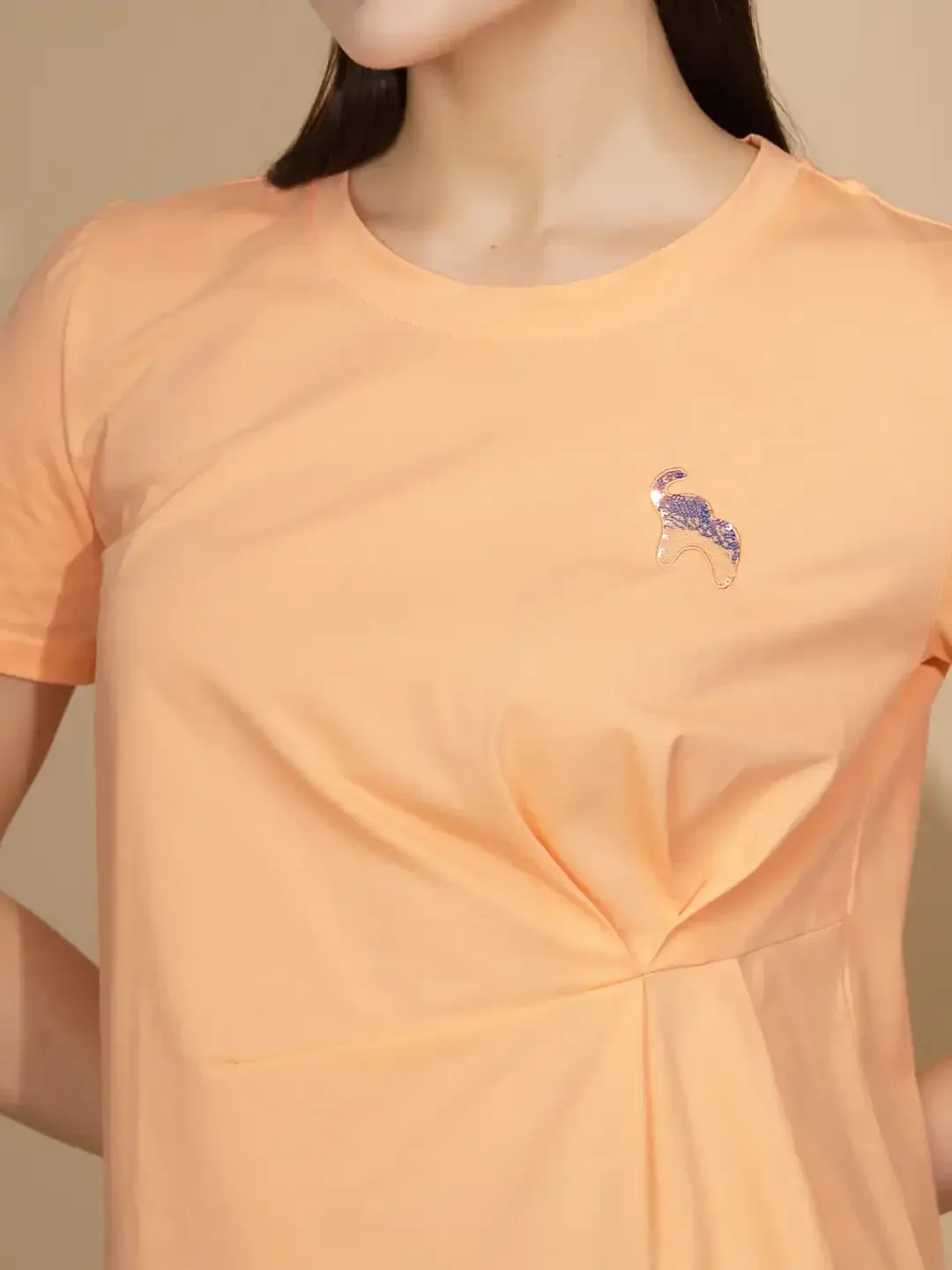 Peach Cotton Blend Regular Fit Top For Women