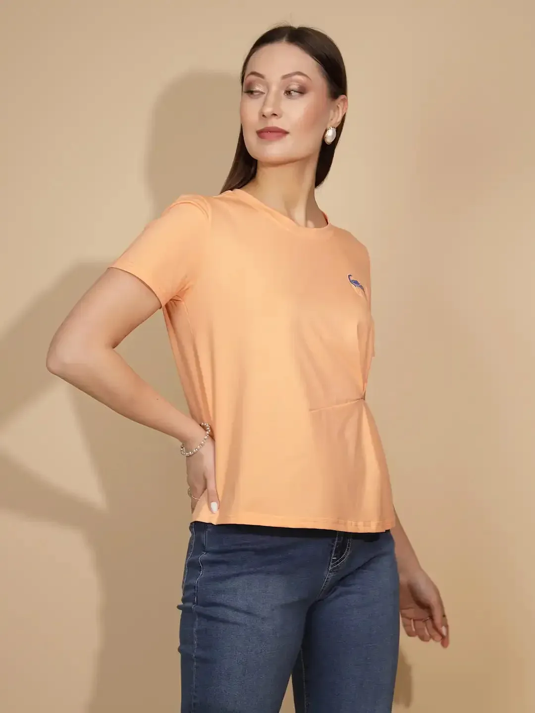 Peach Cotton Blend Regular Fit Top For Women