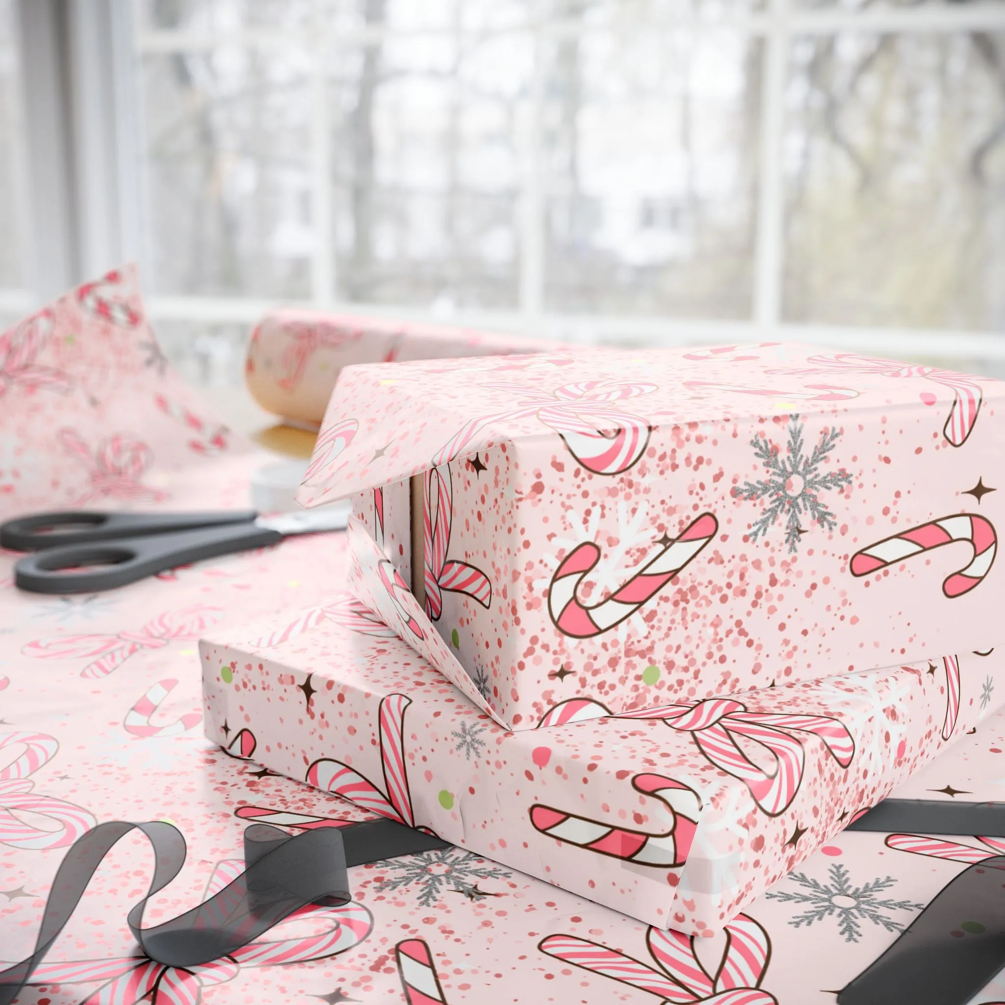 Pink Candy Cane Christmas Wrapping Paper : Trendy Holiday Gift Wrap with Bows & Snowflakes, Premium and Eco-Friendly