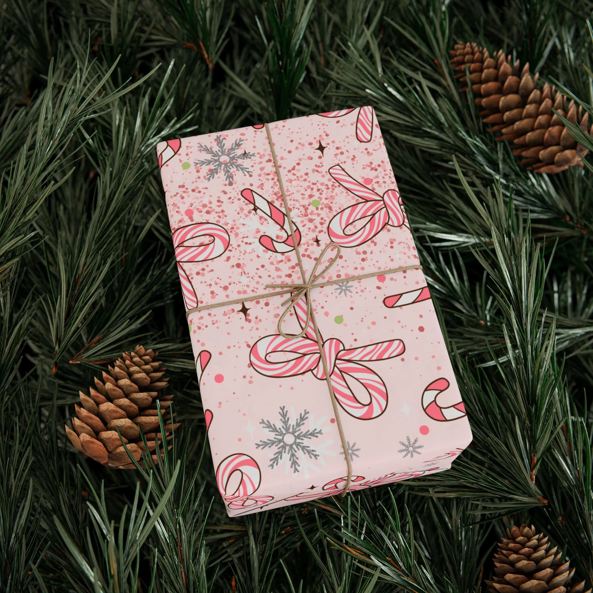 Pink Candy Cane Christmas Wrapping Paper : Trendy Holiday Gift Wrap with Bows & Snowflakes, Premium and Eco-Friendly