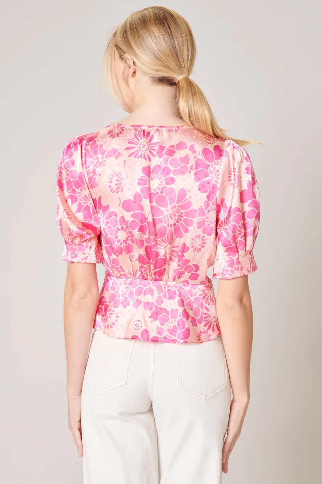 Pink Paradise Surplice Satin Peplum Top