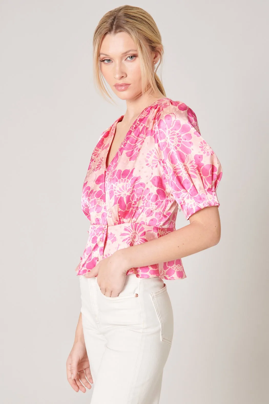 Pink Paradise Surplice Satin Peplum Top