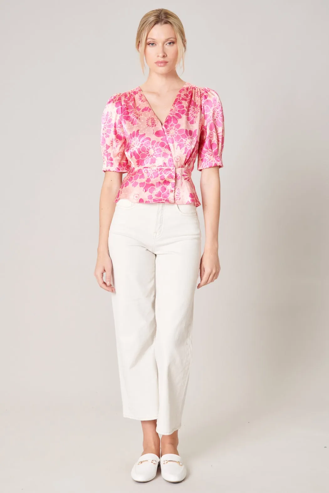 Pink Paradise Surplice Satin Peplum Top