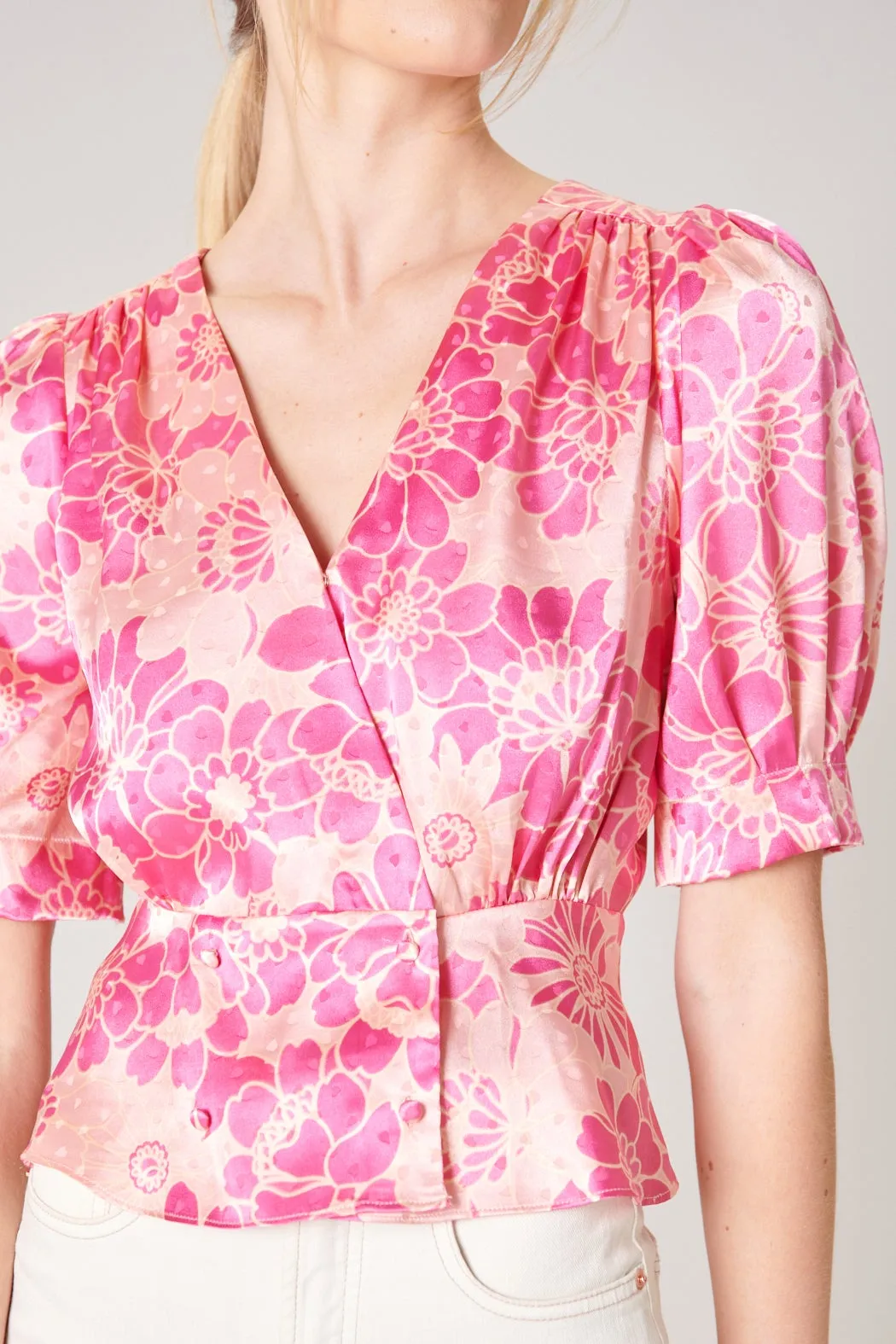 Pink Paradise Surplice Satin Peplum Top