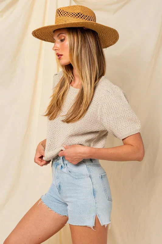 Puff Sleeve Round Neck Texture Sweater Top **This item has free shipping.**