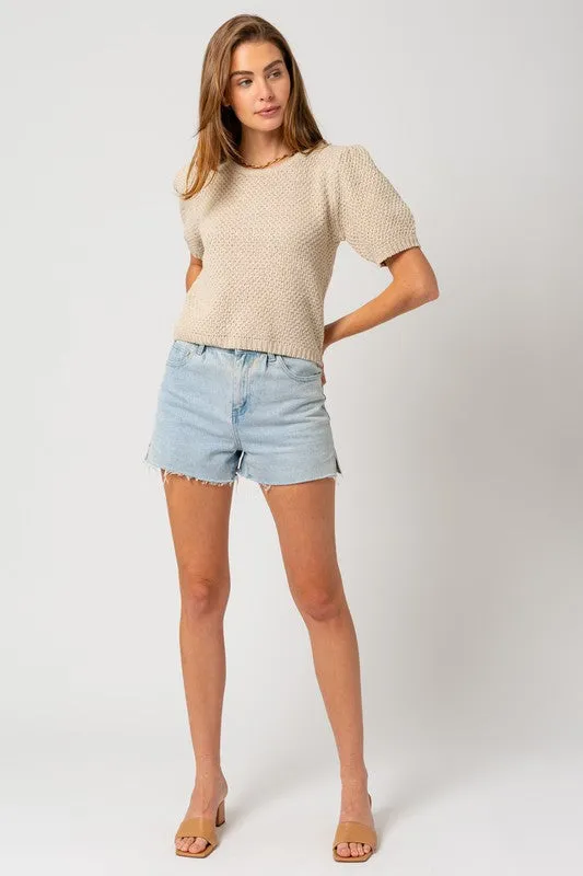 Puff Sleeve Round Neck Texture Sweater Top **This item has free shipping.**