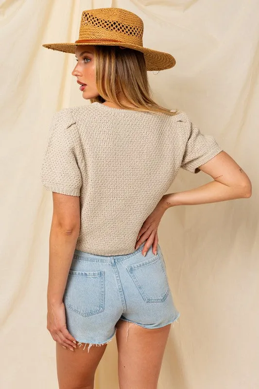 Puff Sleeve Round Neck Texture Sweater Top **This item has free shipping.**