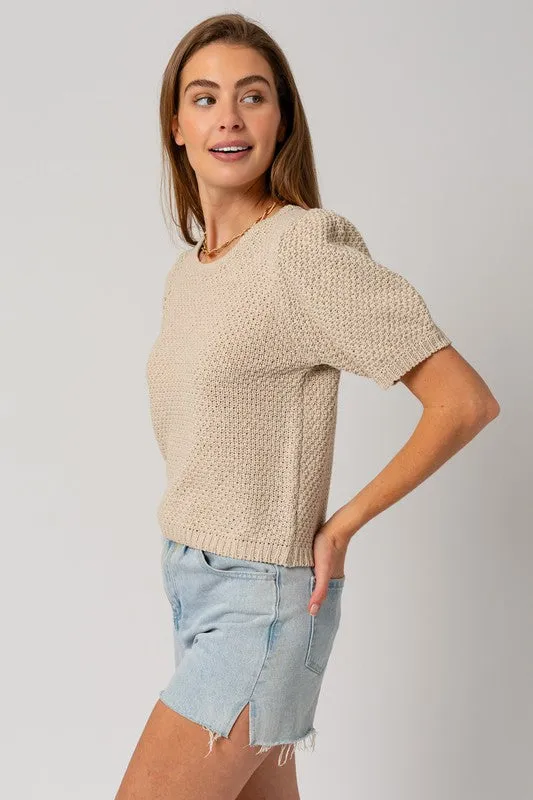 Puff Sleeve Round Neck Texture Sweater Top **This item has free shipping.**