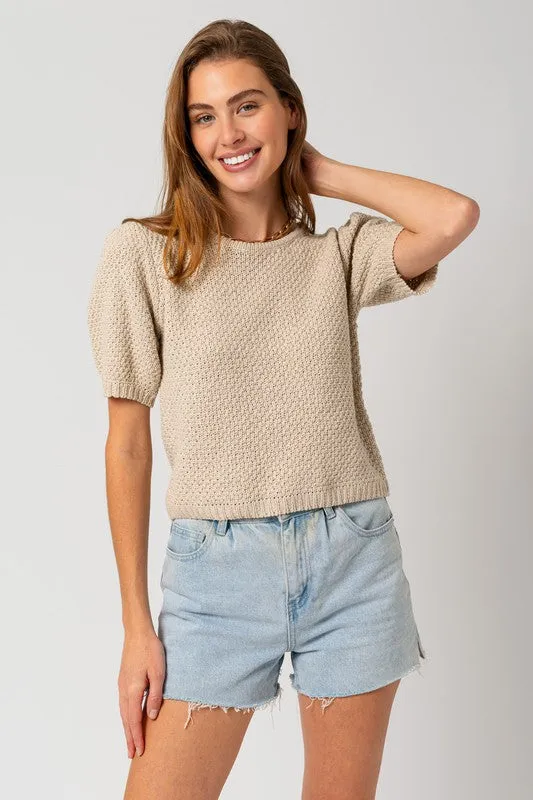 Puff Sleeve Round Neck Texture Sweater Top **This item has free shipping.**