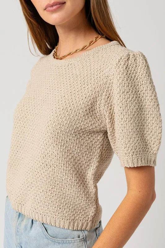 Puff Sleeve Round Neck Texture Sweater Top **This item has free shipping.**